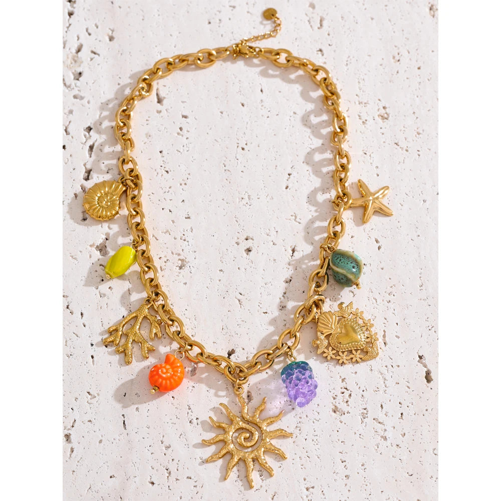 ☀️ 18k Gold Plated Yhpup Exquisite Ceramic Ocean Style Sun Pendant Necklace – Trendy Stainless Steel Jewelry