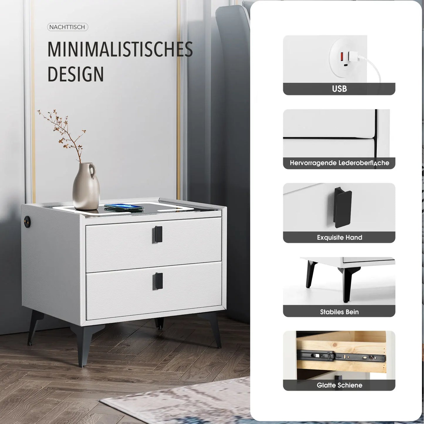 ποΈ Oyajia Smart Bedside Table with Wireless Charging, LED Light & 2 Drawers