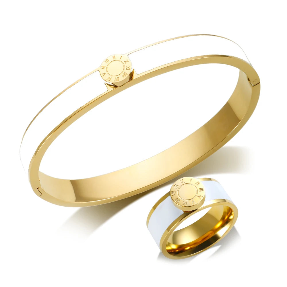 💫 JINHUI 18 Karat vergoldetes Edelstahl-Emaille-Armreif- und Ringset – Klassischer Schmuck mit römischen Ziffern