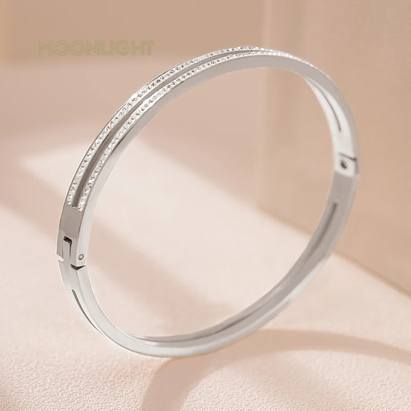 π 18K Gold Plated MOONLIGHT Cuff Bangle β Classic Titanium Steel Bracelet with Cubic Zirconia for Women