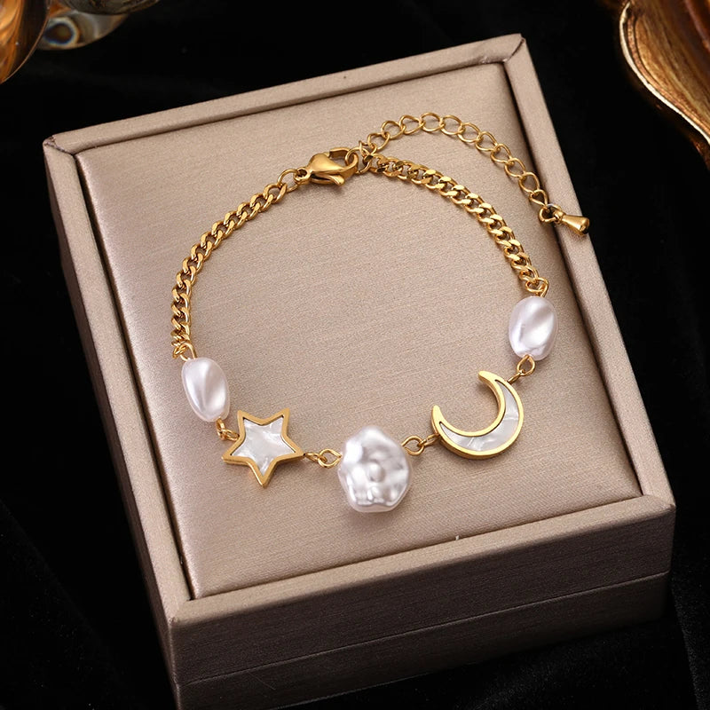 π EILIECK 18K Gold Plated Pearl Roman Numeral Charm Bracelet β Elegant 316L Stainless Steel Jewelry for Women