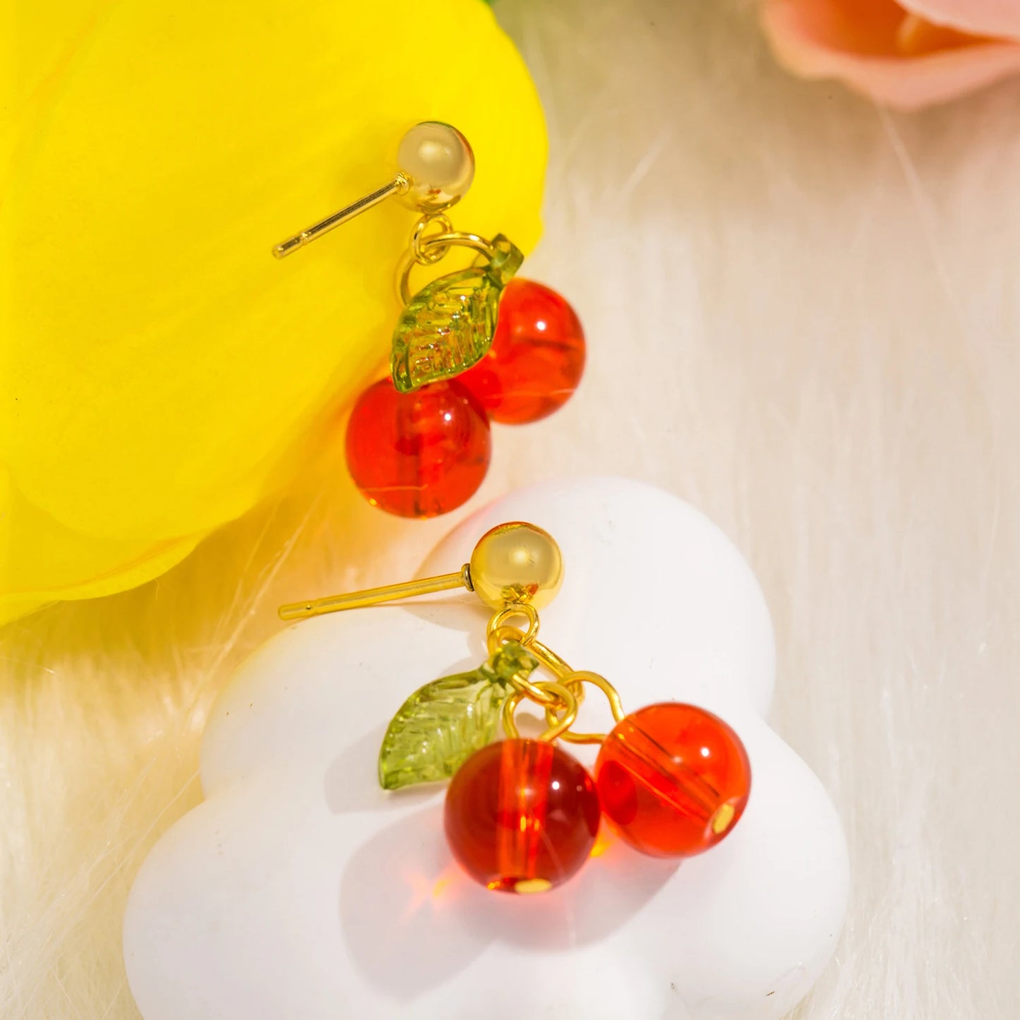 🍒 Cherry Charm – 18K Gold PVD Plated Stainless Steel Red Crystal Drop Earrings