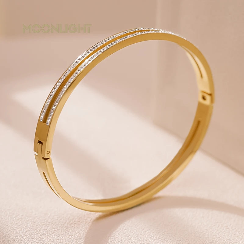 π 18K Gold Plated MOONLIGHT Cuff Bangle β Classic Titanium Steel Bracelet with Cubic Zirconia for Women