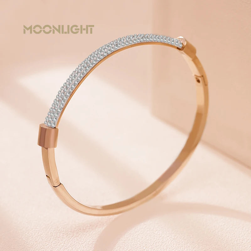 π 18K Gold Plated MOONLIGHT Cuff Bangle β Classic Titanium Steel Bracelet with Cubic Zirconia for Women