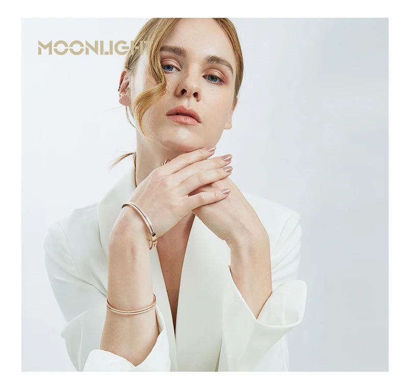 π 18K Gold Plated MOONLIGHT Cuff Bangle β Classic Titanium Steel Bracelet with Cubic Zirconia for Women