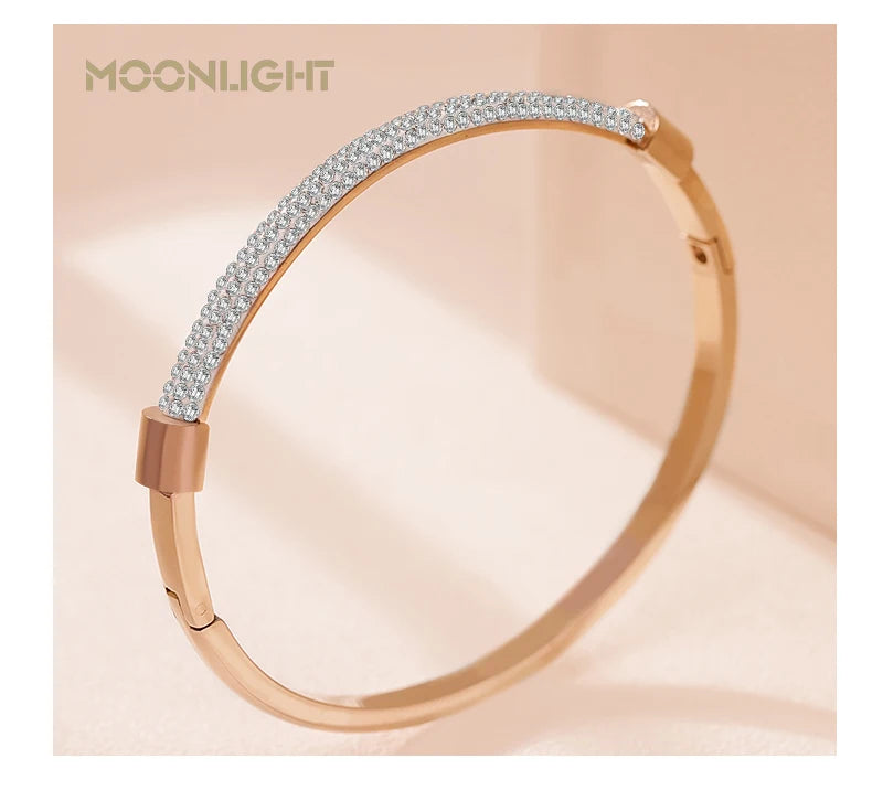 π 18K Gold Plated MOONLIGHT Cuff Bangle β Classic Titanium Steel Bracelet with Cubic Zirconia for Women