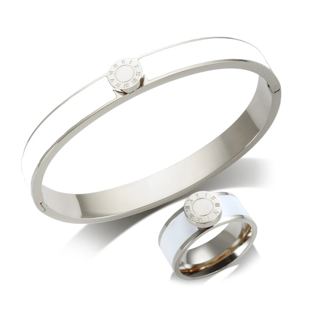 💫 JINHUI 18 Karat vergoldetes Edelstahl-Emaille-Armreif- und Ringset – Klassischer Schmuck mit römischen Ziffern
