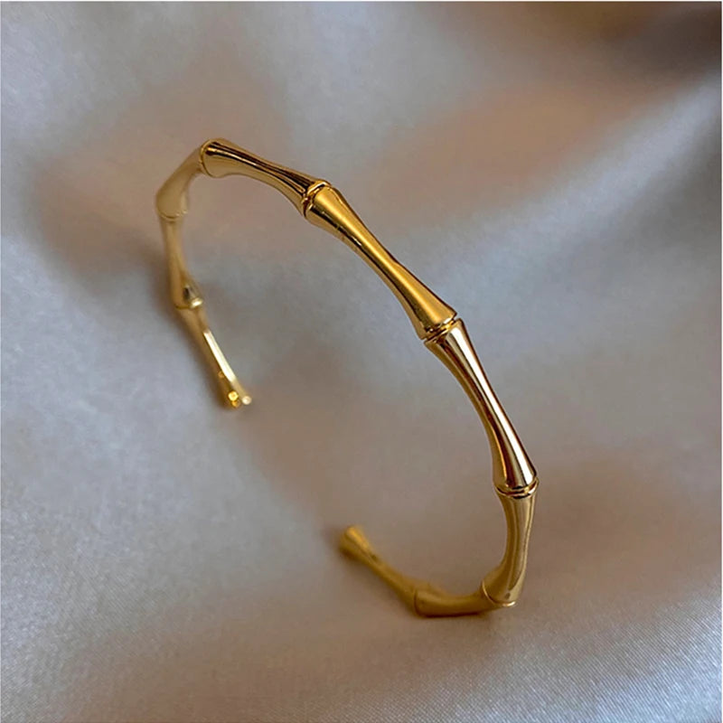 🌿 Bamboo Joint Cuff Bracelet – Trendy Gold Color Stainless Steel Bangle