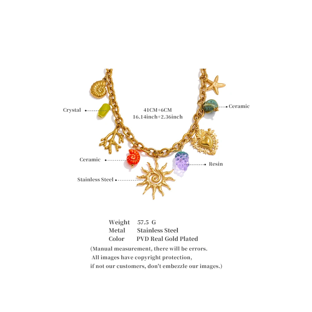 ☀️ 18k Gold Plated Yhpup Exquisite Ceramic Ocean Style Sun Pendant Necklace – Trendy Stainless Steel Jewelry