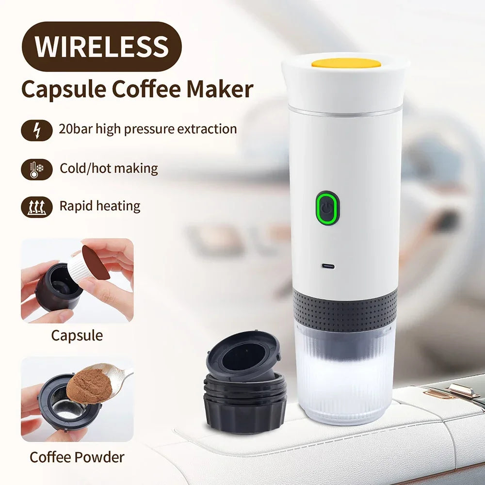 Portable Espresso Coffee Maker – 3-in-1 Capsule and Ground Coffee | Wireless, High Pressure, Travel-Friendly