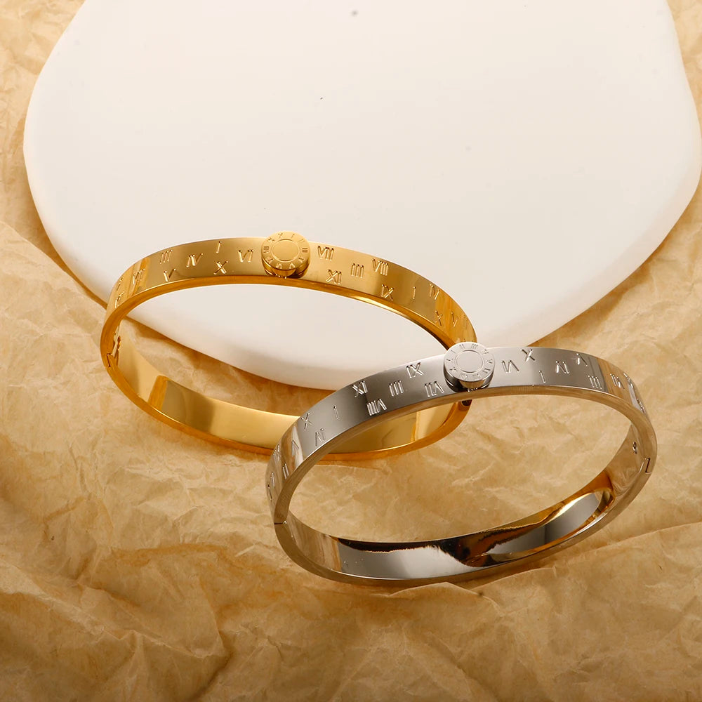 💫 JINHUI 18 Karat vergoldetes Edelstahl-Emaille-Armreif- und Ringset – Klassischer Schmuck mit römischen Ziffern