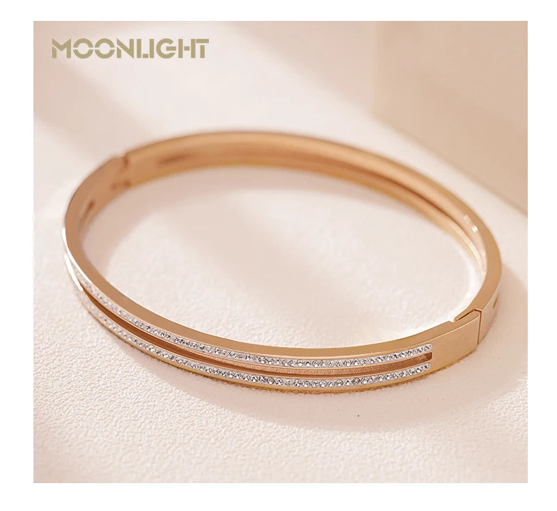 π 18K Gold Plated MOONLIGHT Cuff Bangle β Classic Titanium Steel Bracelet with Cubic Zirconia for Women