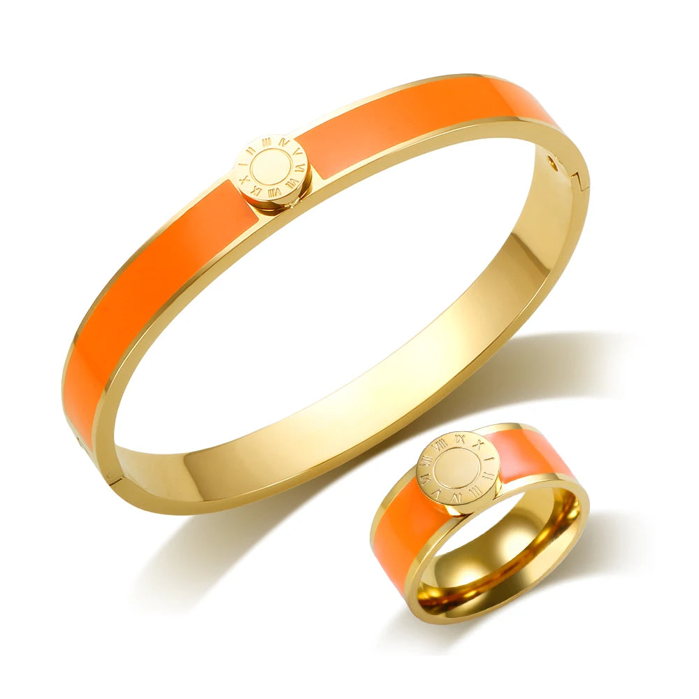 💫 JINHUI 18 Karat vergoldetes Edelstahl-Emaille-Armreif- und Ringset – Klassischer Schmuck mit römischen Ziffern