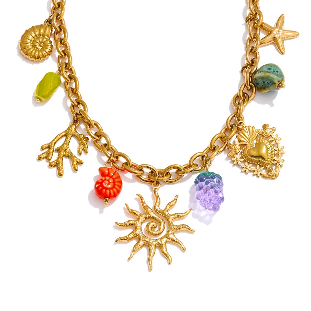 ☀️ 18k Gold Plated Yhpup Exquisite Ceramic Ocean Style Sun Pendant Necklace – Trendy Stainless Steel Jewelry