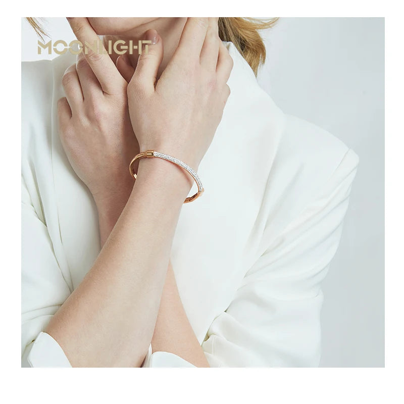 π 18K Gold Plated MOONLIGHT Cuff Bangle β Classic Titanium Steel Bracelet with Cubic Zirconia for Women