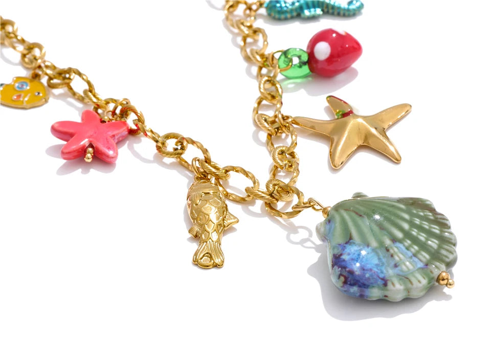 π 18k Gold Plated Yhpup Ocean Style Enamel Shell and Starfish Pendant Necklace β 2025 Summer Collection