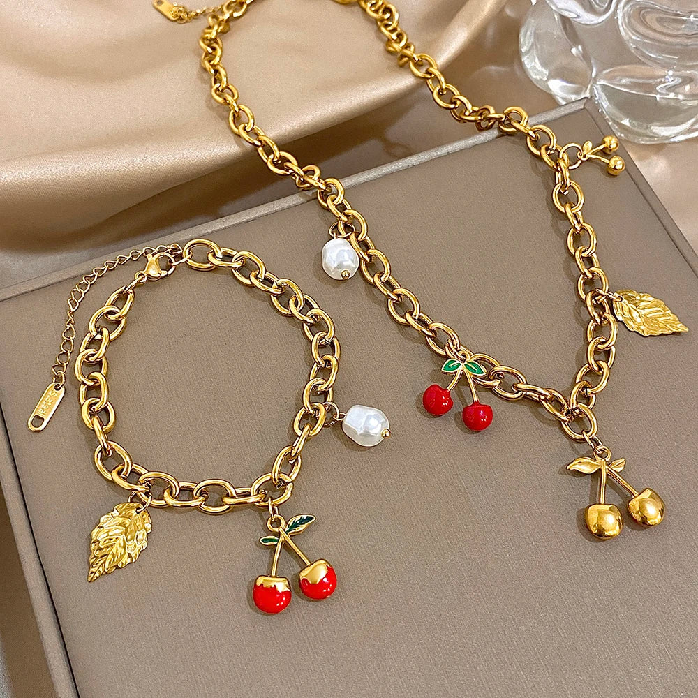 🍒 Chunky Gold Cherry and Leaf Charm Bracelet/Necklace Set – Stainless Steel Elegance