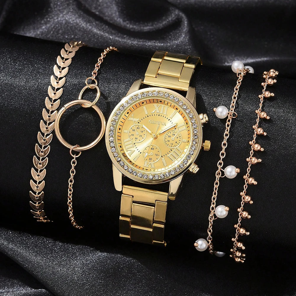 5-Piece Gold Luxe Watch & Bracelet Set✨