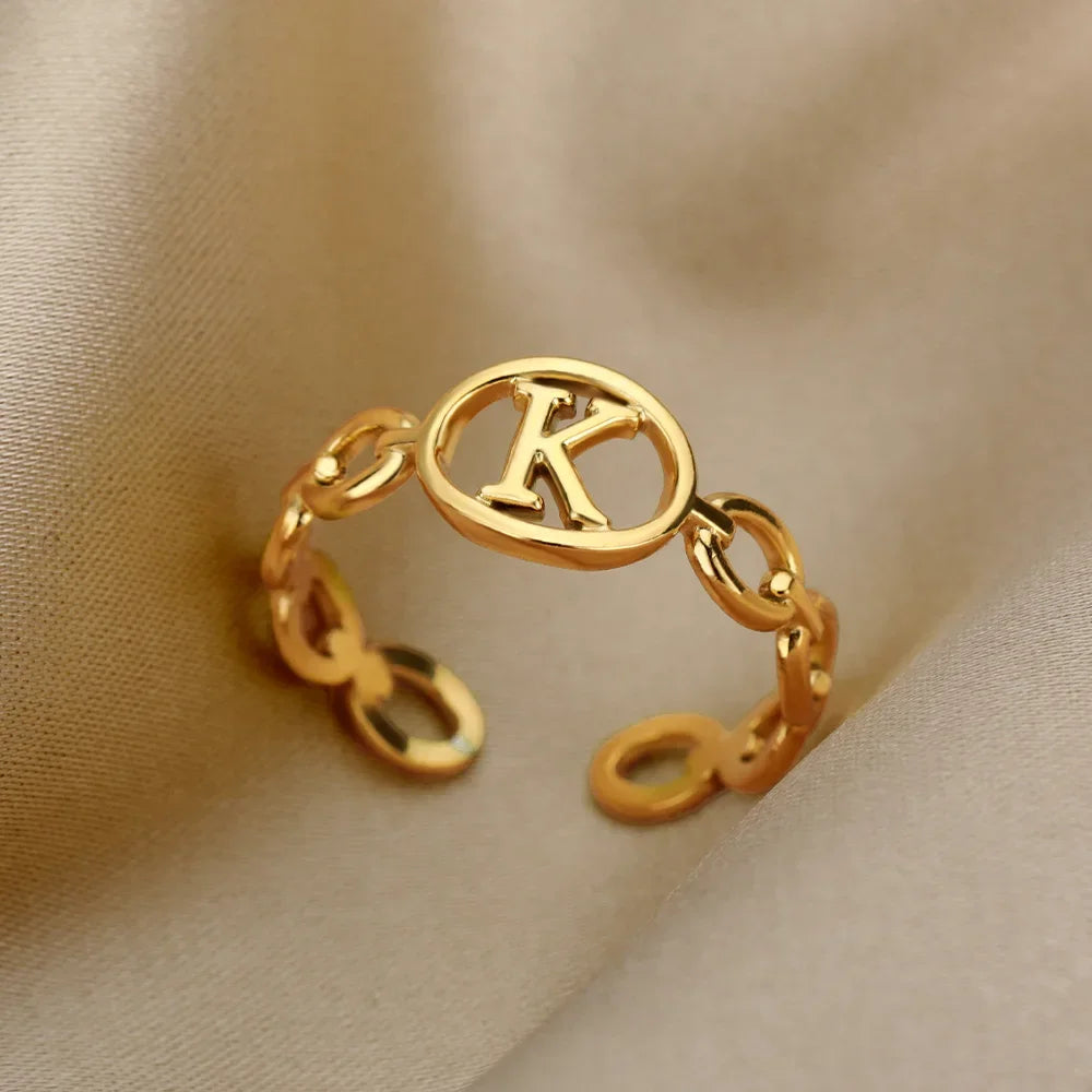 π 18k Gold Plated Hollow AβZ Initial Rings β Open Adjustable Stainless Steel Letter Rings