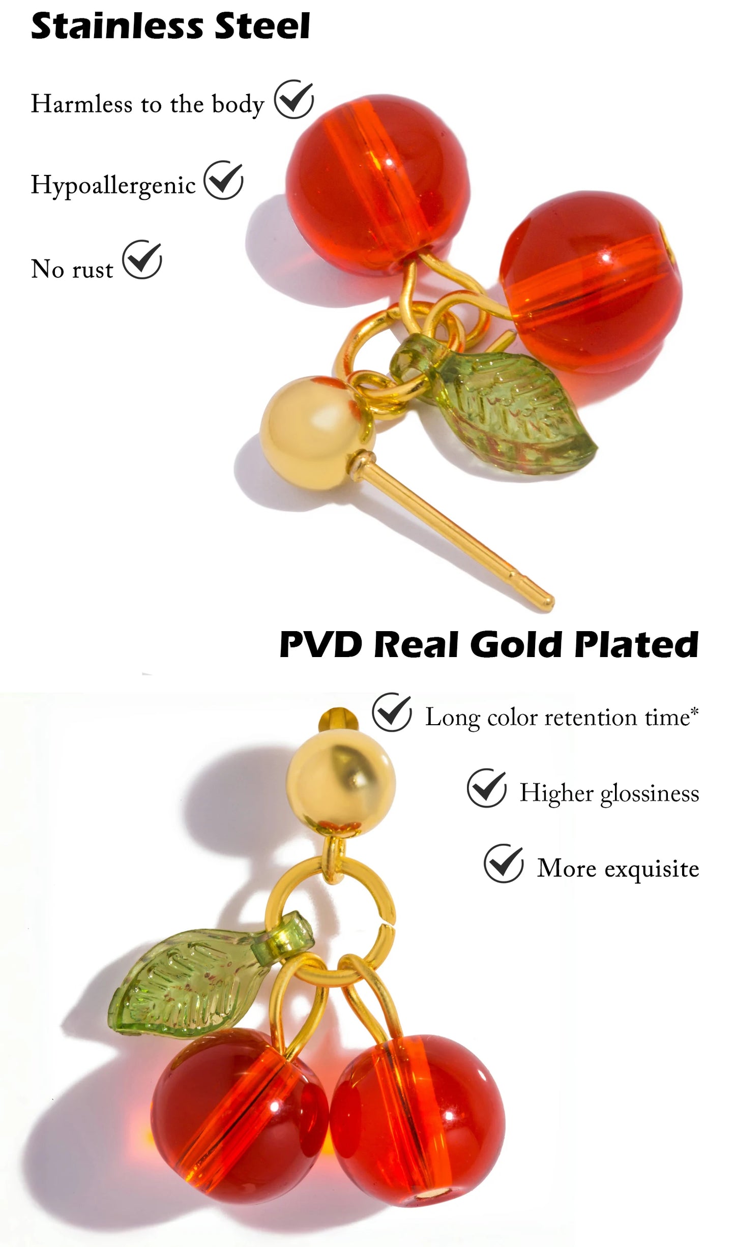 🍒 Cherry Charm – 18K Gold PVD Plated Stainless Steel Red Crystal Drop Earrings