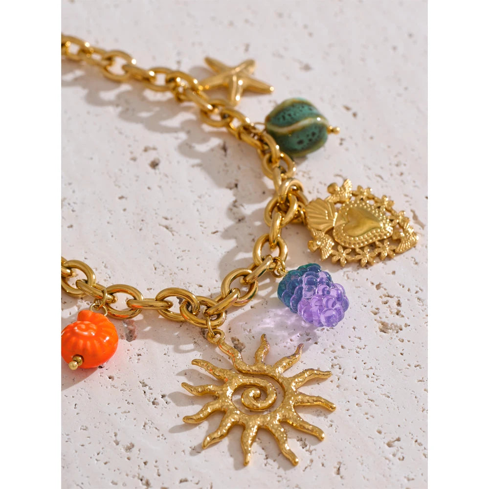 ☀️ 18k Gold Plated Yhpup Exquisite Ceramic Ocean Style Sun Pendant Necklace – Trendy Stainless Steel Jewelry