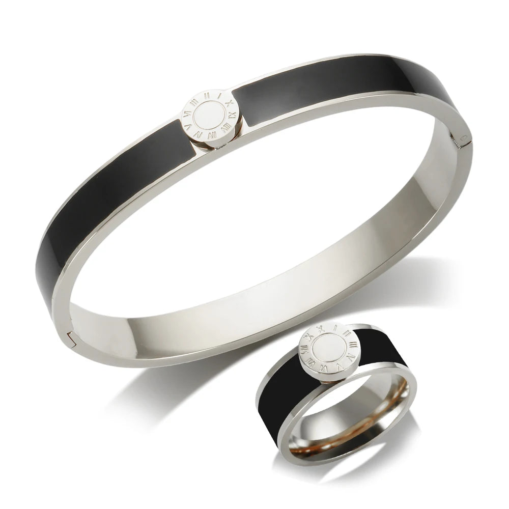 💫 JINHUI 18 Karat vergoldetes Edelstahl-Emaille-Armreif- und Ringset – Klassischer Schmuck mit römischen Ziffern