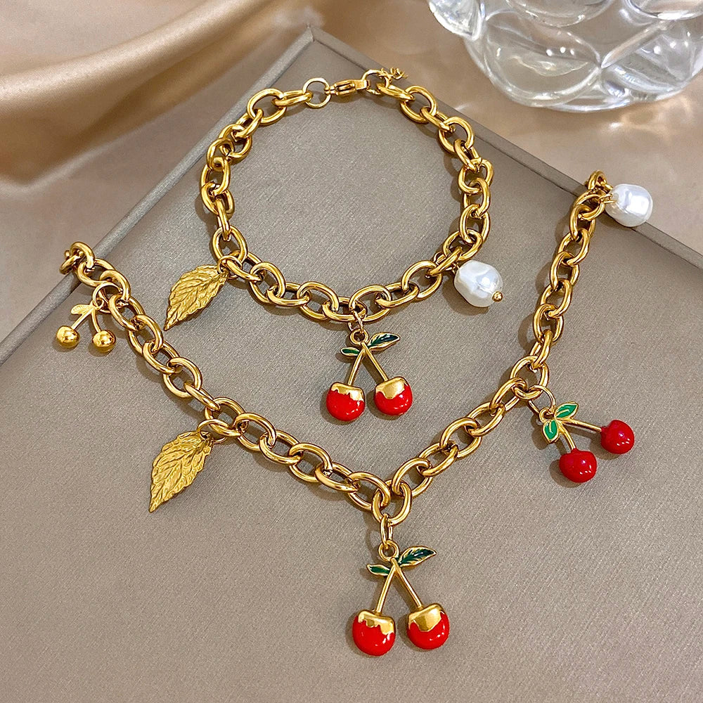 🍒 Chunky Gold Cherry and Leaf Charm Bracelet/Necklace Set – Stainless Steel Elegance
