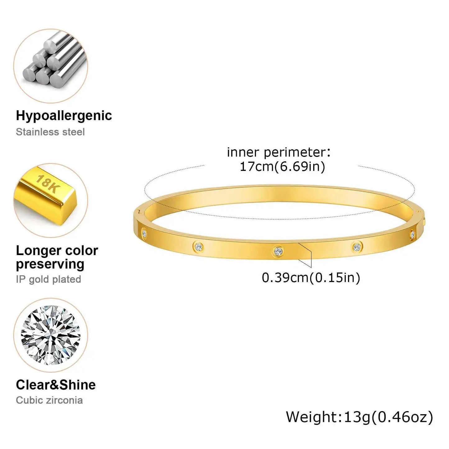 π 18K Gold-Plated Waterproof Luxury Bangle β Stainless Steel with Round Zircon Stones