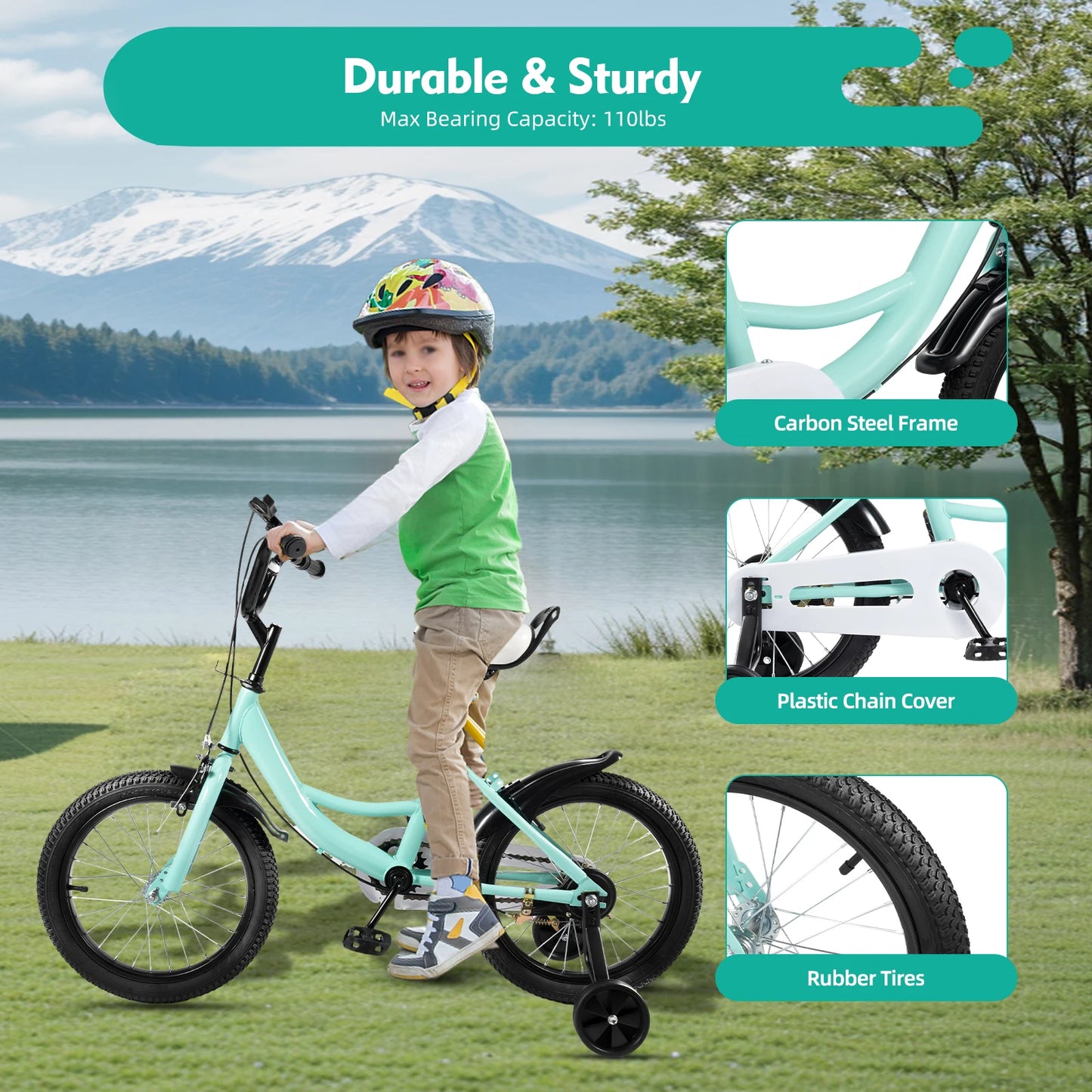 🚴♂️ 16-Zoll-Kinderfahrrad – Grüner Rahmen aus Karbonstahl mit Doppelbremsen, höhenverstellbar, Alter 5–8