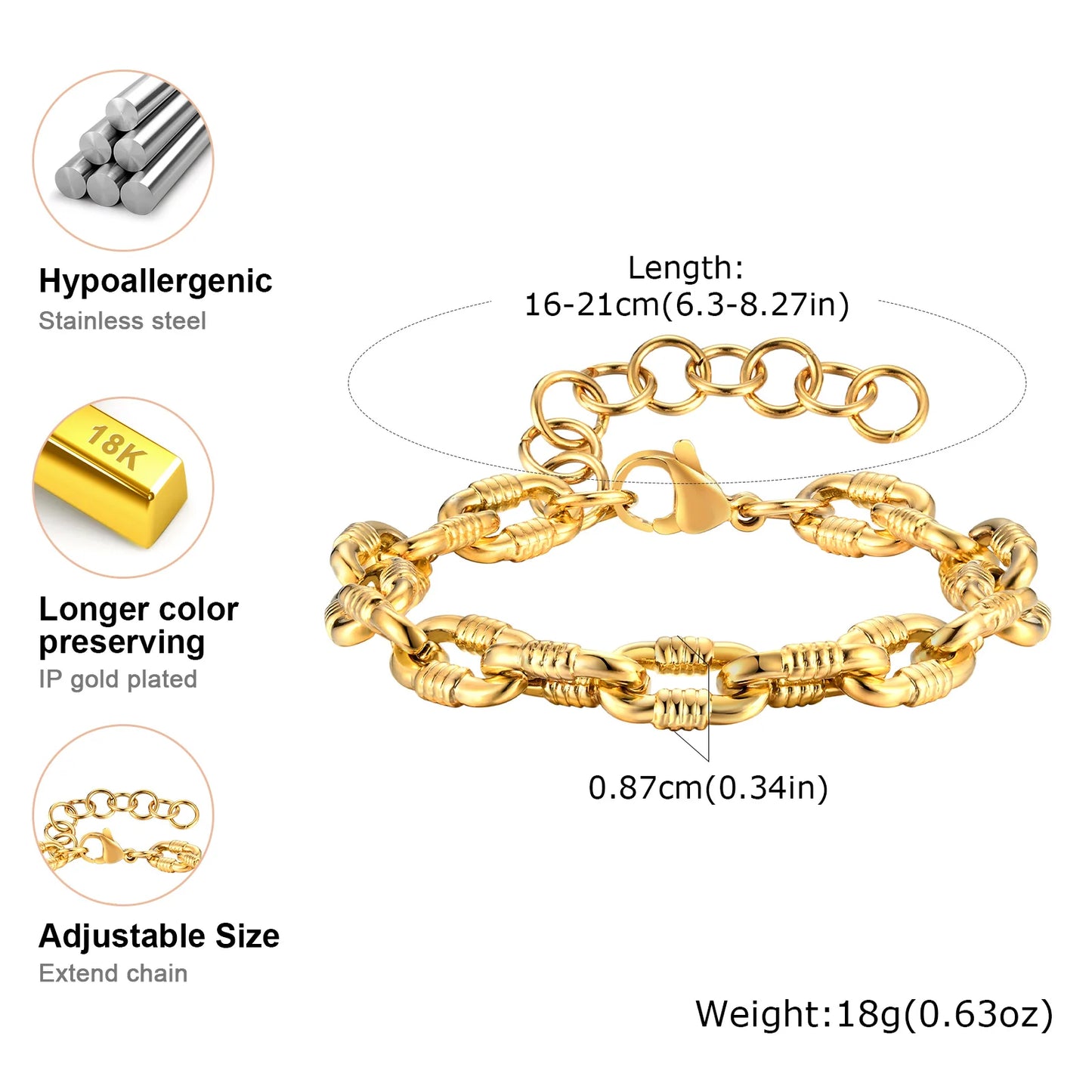 ✨ 18K Gold Plated Geometric Charm Bracelet – Stainless Steel Twist Chain for Women and Girls