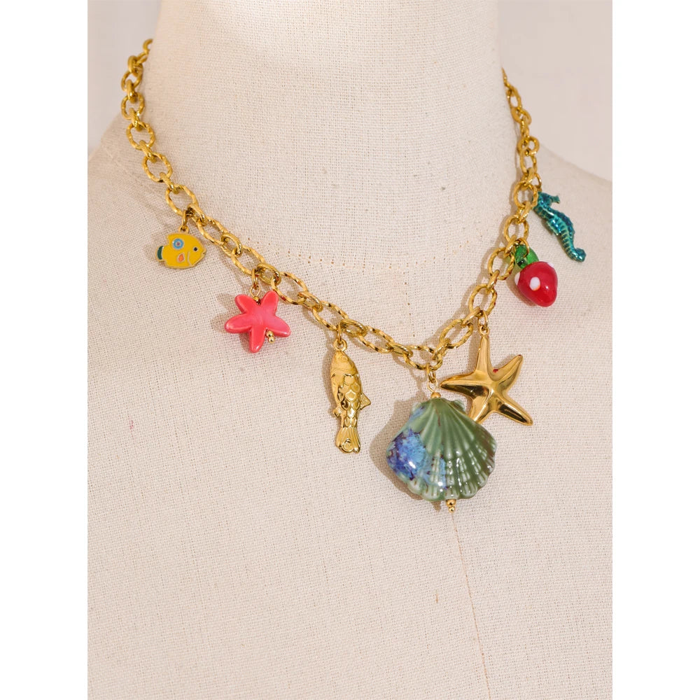 π 18k Gold Plated Yhpup Ocean Style Enamel Shell and Starfish Pendant Necklace β 2025 Summer Collection