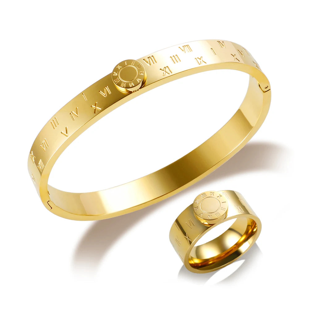 💫 JINHUI 18 Karat vergoldetes Edelstahl-Emaille-Armreif- und Ringset – Klassischer Schmuck mit römischen Ziffern