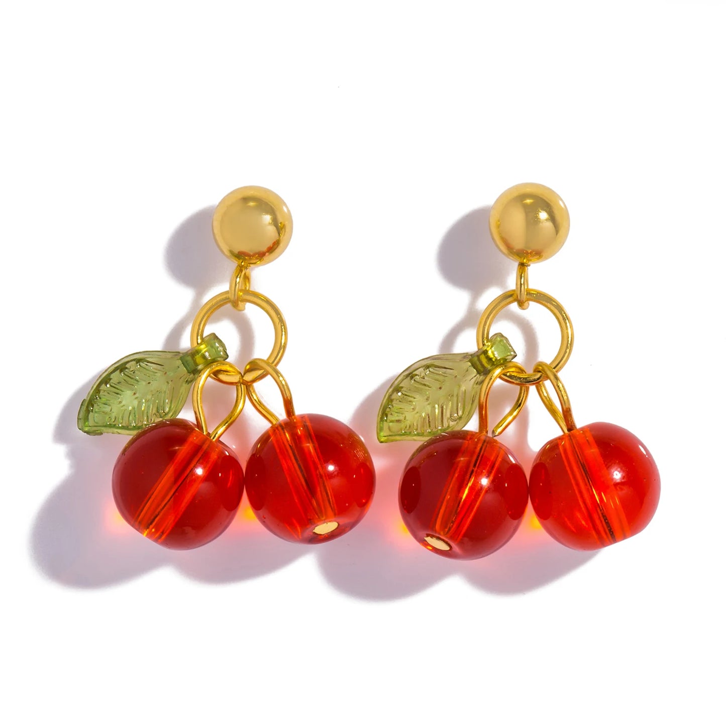 🍒 Cherry Charm – 18K Gold PVD Plated Stainless Steel Red Crystal Drop Earrings