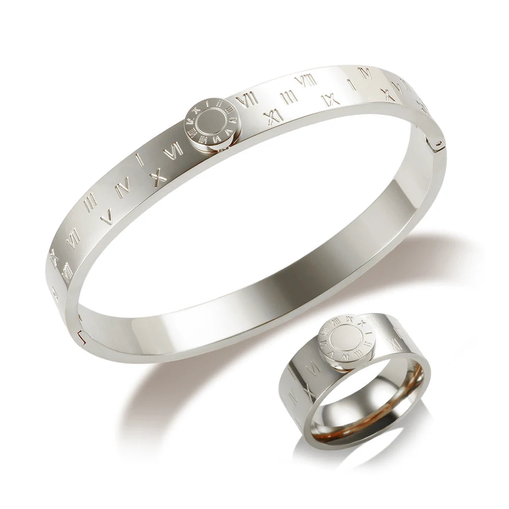 💫 JINHUI 18 Karat vergoldetes Edelstahl-Emaille-Armreif- und Ringset – Klassischer Schmuck mit römischen Ziffern