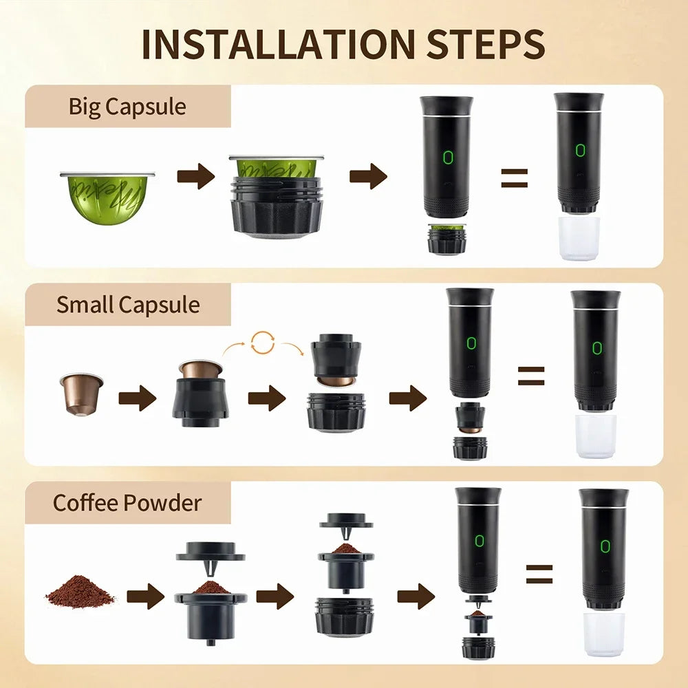 Portable Espresso Coffee Maker – 3-in-1 Capsule and Ground Coffee | Wireless, High Pressure, Travel-Friendly