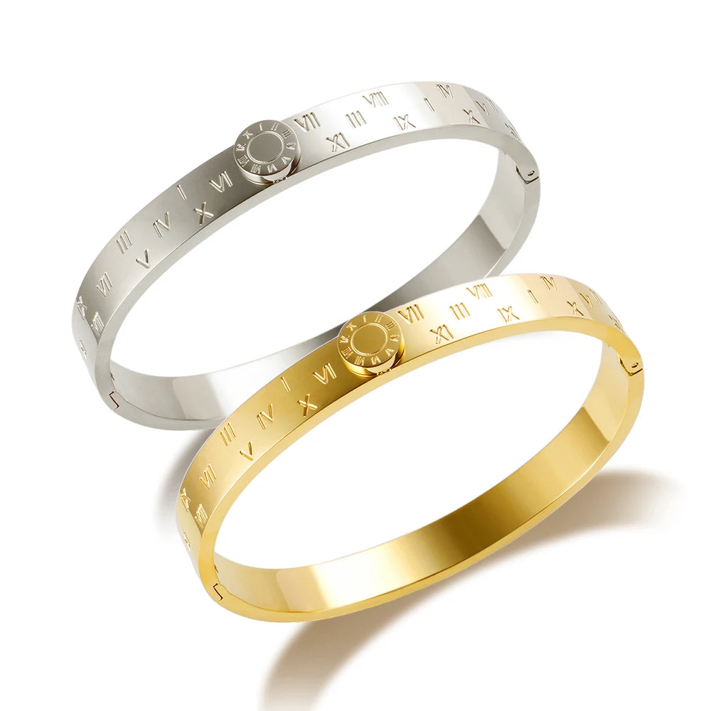 💫 JINHUI 18 Karat vergoldetes Edelstahl-Emaille-Armreif- und Ringset – Klassischer Schmuck mit römischen Ziffern