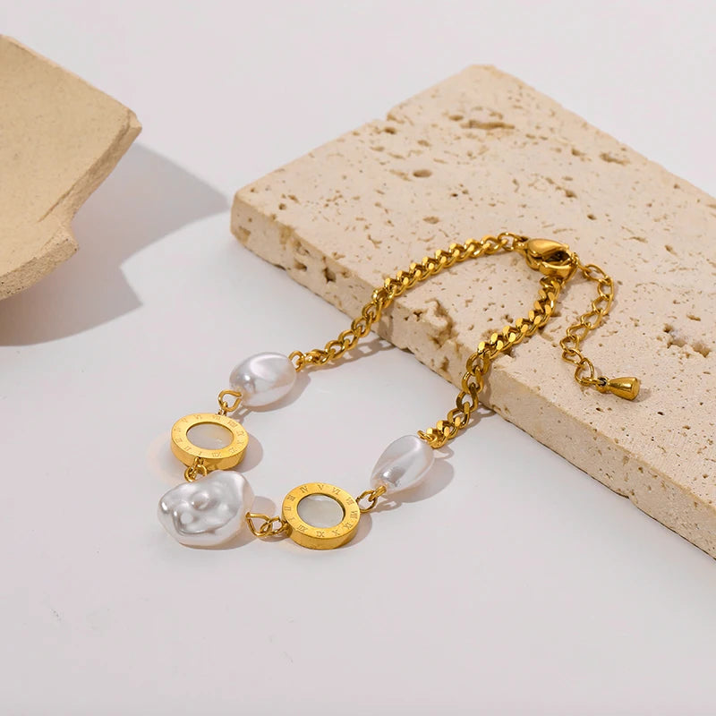 π EILIECK 18K Gold Plated Pearl Roman Numeral Charm Bracelet β Elegant 316L Stainless Steel Jewelry for Women