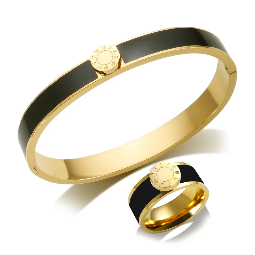 💫 JINHUI 18 Karat vergoldetes Edelstahl-Emaille-Armreif- und Ringset – Klassischer Schmuck mit römischen Ziffern
