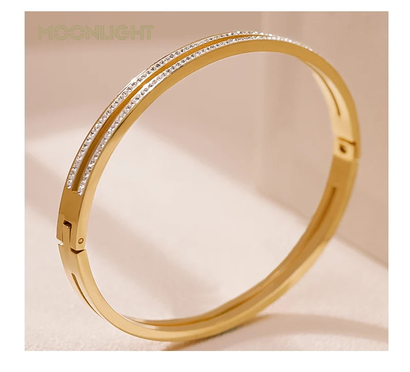 π 18K Gold Plated MOONLIGHT Cuff Bangle β Classic Titanium Steel Bracelet with Cubic Zirconia for Women
