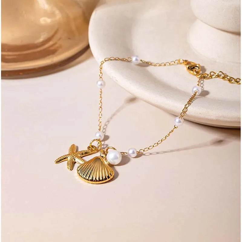 🌊 Ocean-Inspired Shell Pearl and Starfish Bracelet – 18K Gold Plated Summer Charm