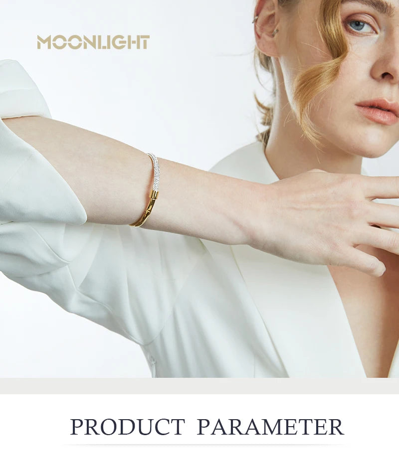 π 18K Gold Plated MOONLIGHT Cuff Bangle β Classic Titanium Steel Bracelet with Cubic Zirconia for Women