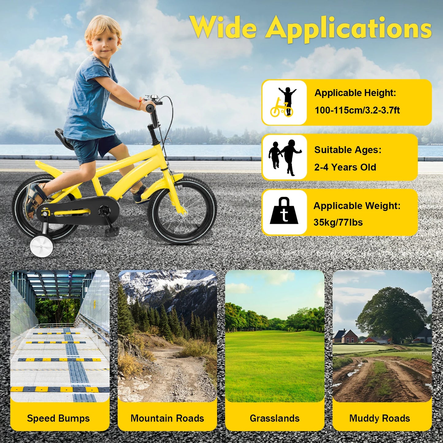 🚴 14-Inch Kids Bike with Training Wheels – Adjustable Seat, Dual Brakes, 2–4 Years, 50kg Capacity