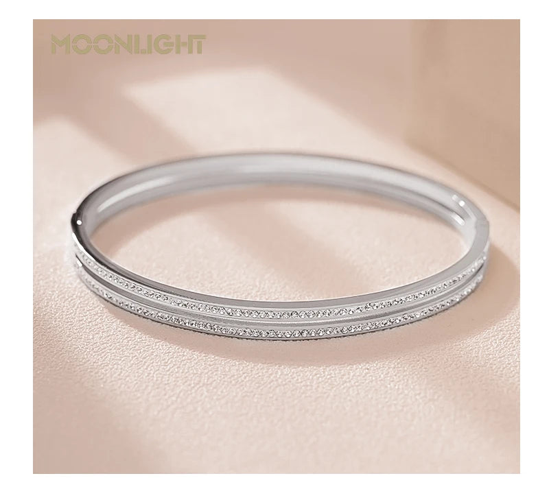 π 18K Gold Plated MOONLIGHT Cuff Bangle β Classic Titanium Steel Bracelet with Cubic Zirconia for Women