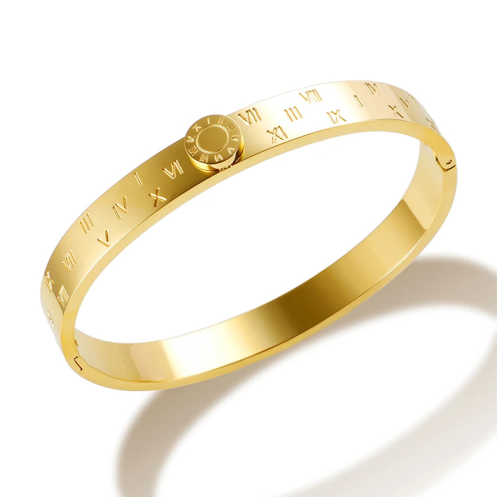 💫 JINHUI 18 Karat vergoldetes Edelstahl-Emaille-Armreif- und Ringset – Klassischer Schmuck mit römischen Ziffern