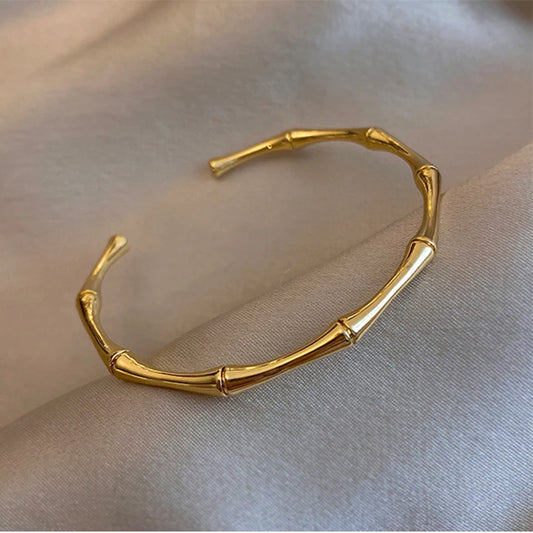 🌿 Bamboo Joint Cuff Bracelet – Trendy Gold Color Stainless Steel Bangle