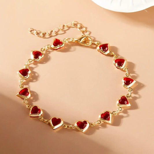 ❤️ Elegant Red Crystal Heart Bracelet – 18K Gold Plated Charm Jewelry