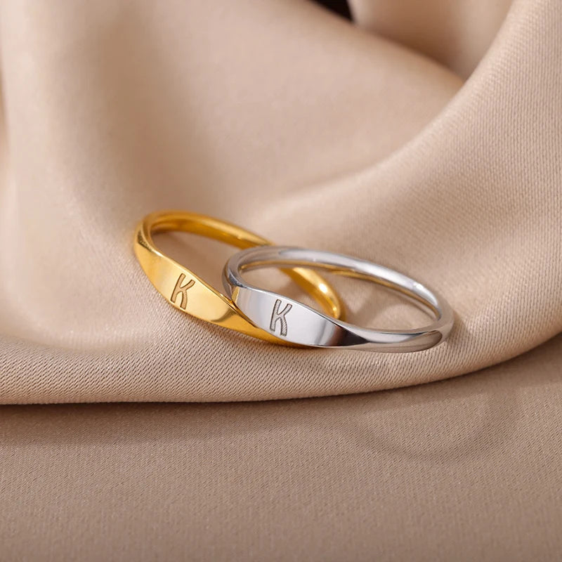 💍 18k Gold Plated Tiny Initial Letter Rings – A–Z Stainless Steel Adjustable Rings