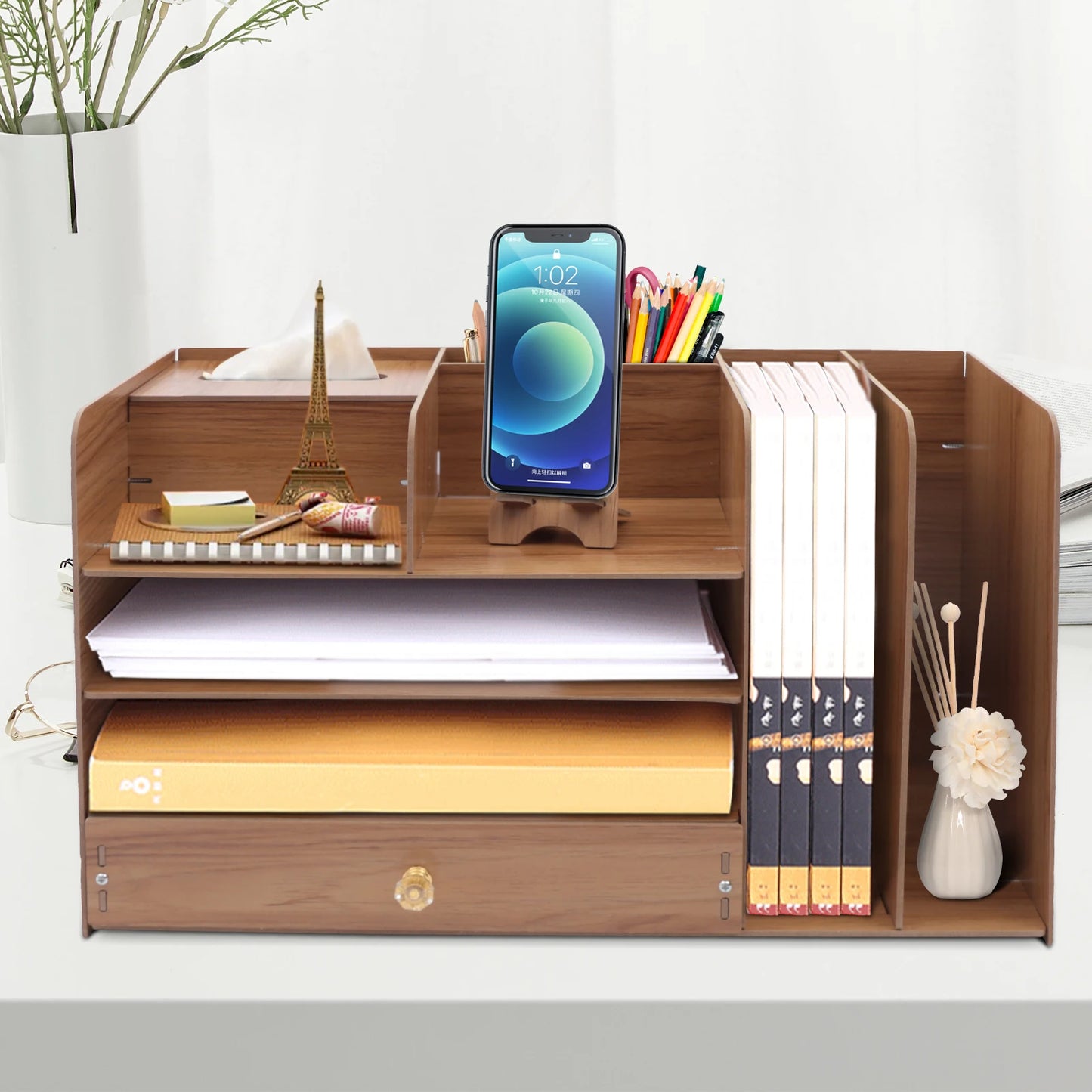 4-Tier Wooden Desk Organizer with Drawers