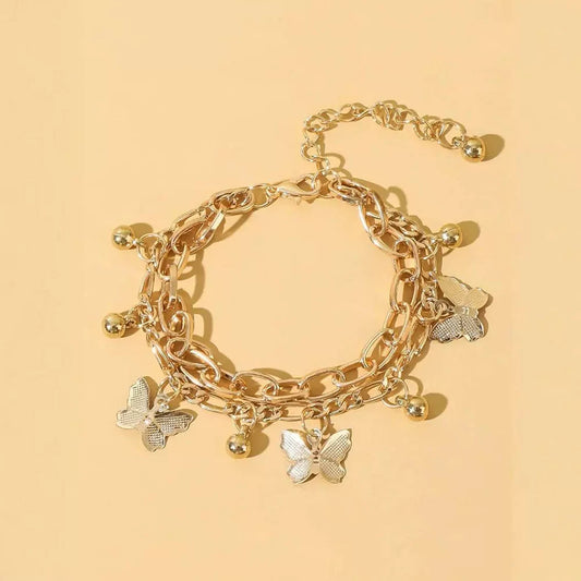 🦋18K gold-plated Nifty Double Layer Butterfly Charm Bracelet – Elegant Gold/Silver Chain for Women