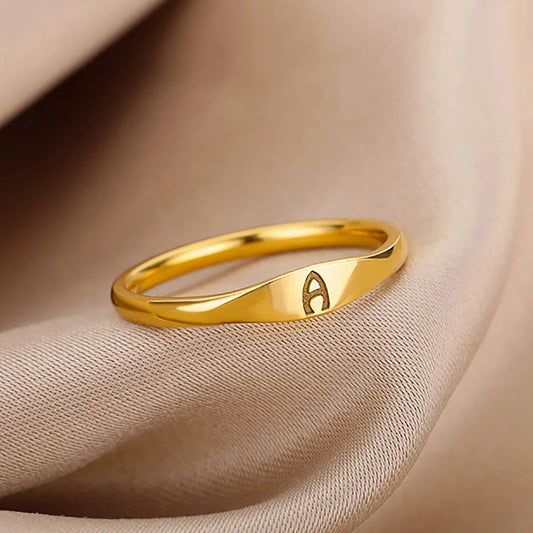 💍 18k Gold Plated Tiny Initial Letter Rings – A–Z Stainless Steel Adjustable Rings